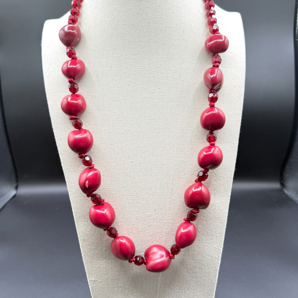 New York & Co Red Chunky Beaded Necklace Crystal Ribbon Statement Boho Jewelry